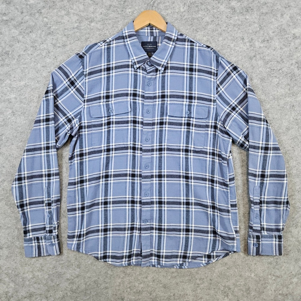 Lucky Brand Men's Light Blue Plaid‎ Flannel Shirt Size L Cotton Blend Outdoors